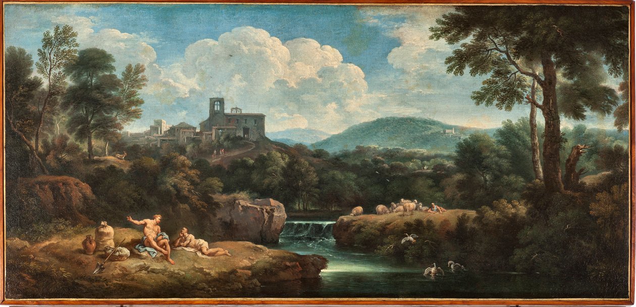 河流景观、穿着古怪时装的工人和村庄 Carlo Antonio Tavella dit Il Solfarola (1668-1738) Musei di Strada Nuova (ex Palazzo Bianco) Genes，意大利 作者 卡洛·安东尼奥·塔维拉