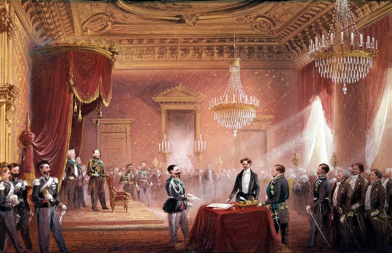复兴运动--维克多-伊曼纽尔二世（Victor Emmanuel）（维托里奥-伊曼纽尔）（1820-1878）于3月22日签署了由贝蒂诺-里卡索利（1809-1880）提出的吞并托斯卡纳的条约。 作者 卡洛·博索利