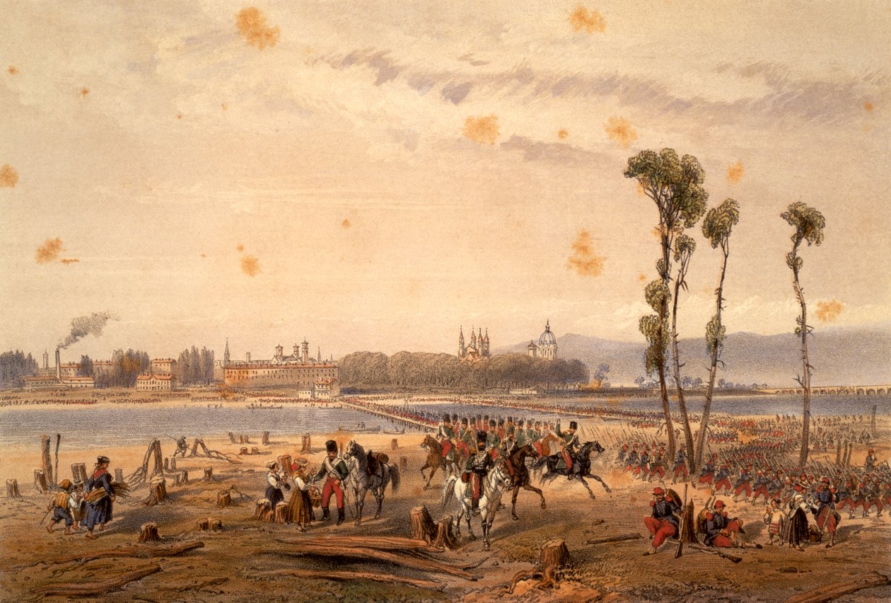 1859 年，法国人在 Vercelli 通过 Sesia，作者 Carlo Bossoli（1815-1884 年），雕刻。第二次独立战争，意大利 作者 卡洛·博索利