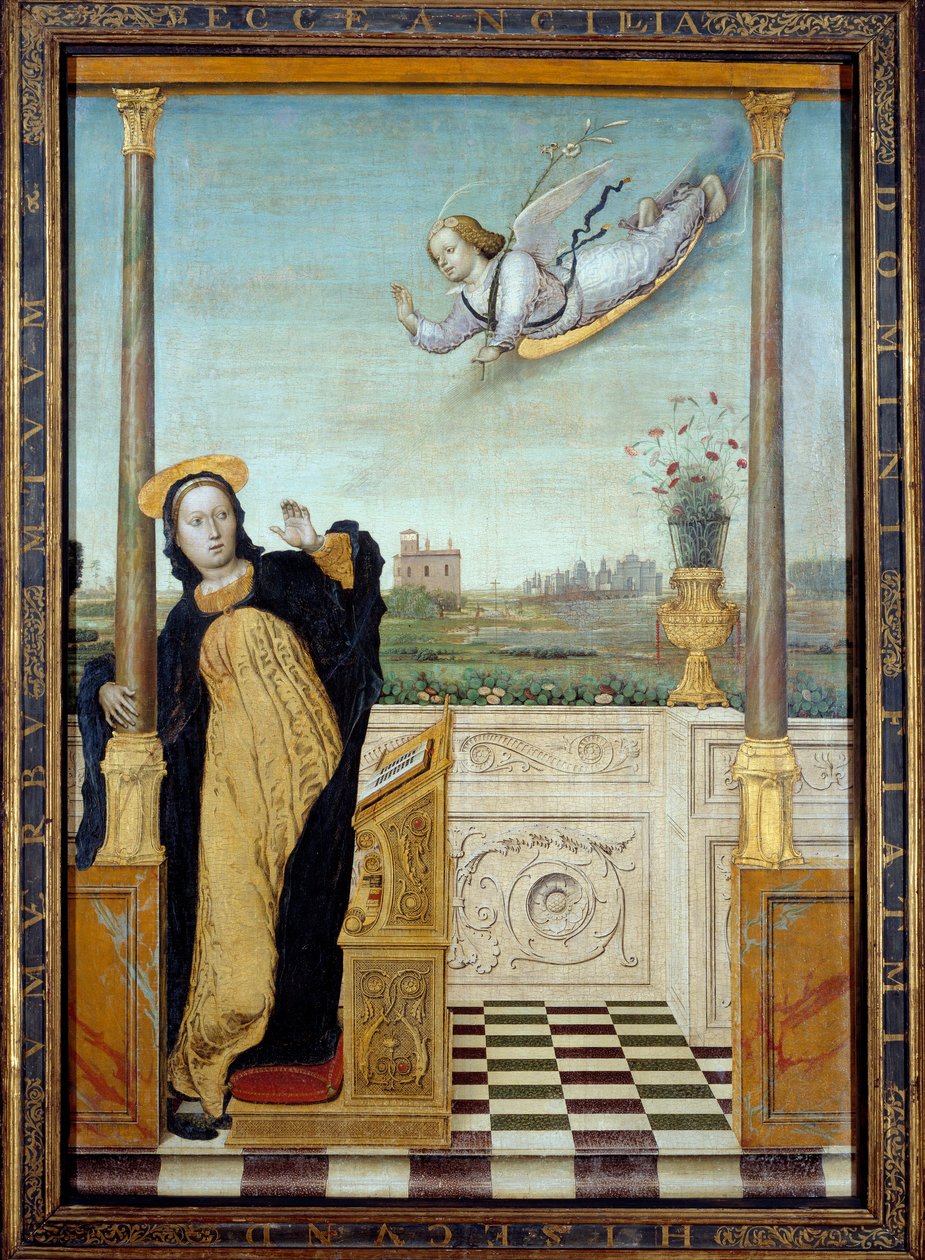 天使报喜。三联画的中央面板。Carlo Di Giovani Braccesco (1478-1501)画的。 作者 卡洛·布拉切斯科（Carlo Braccesco）
