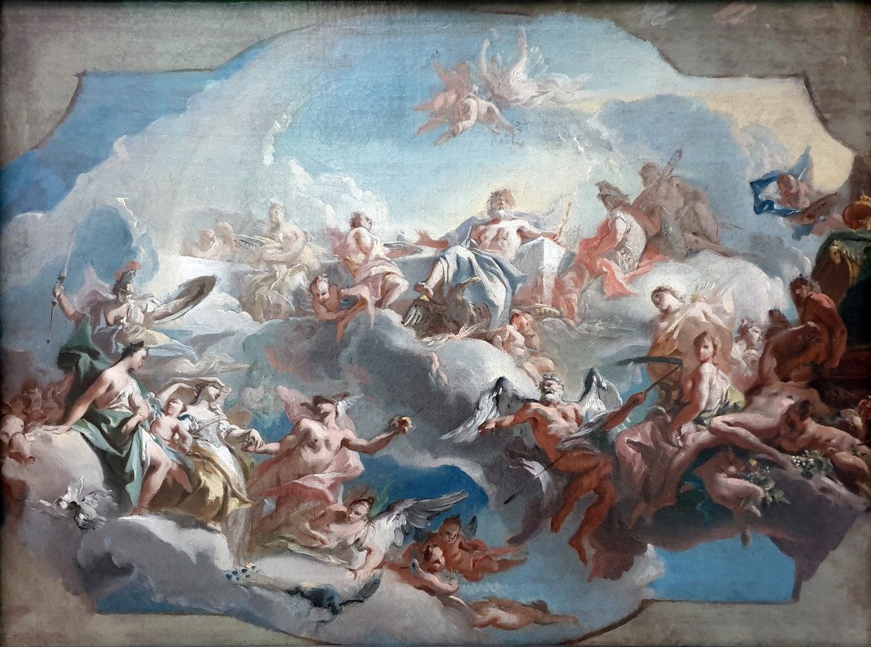 德语： Der Aufbruch der Göttinnen Juno, Venus und Minerva, geleitet von Merkur, zum Parisurteil 朱诺女神、维纳斯女神和密涅瓦女神启程前往巴黎接受审判 作者 卡罗卡隆