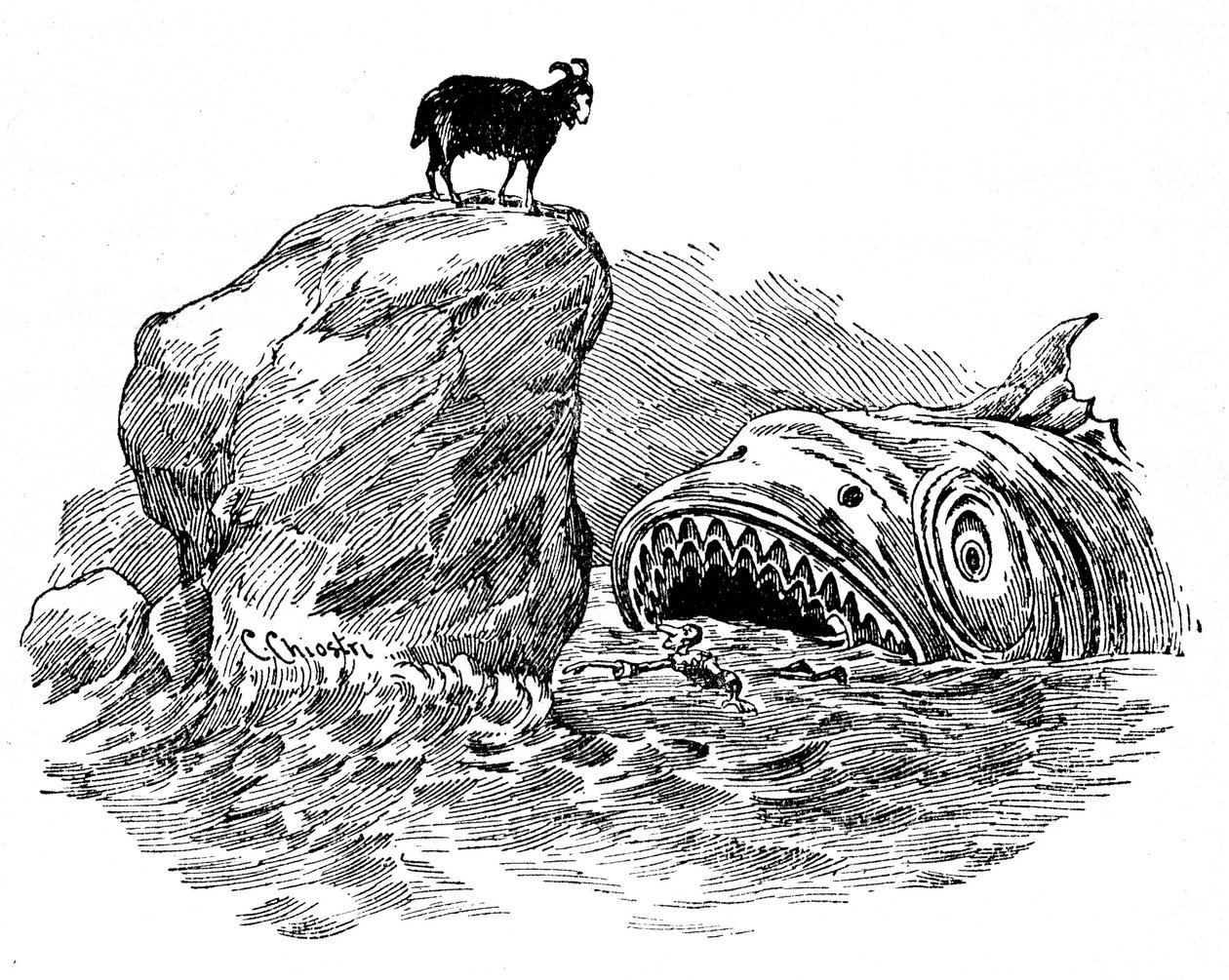 卡罗·基奥斯特里（Carlo Chiostri，1863-1939 年）为《匹诺曹》绘制的插图，他是最早为科洛迪作品绘制插图的意大利画家之一。 木偶将被可怕的鲨鱼吞掉，尽管有蓝色费的帮助，它看起来像一只栖息在岩石上的山羊 作者 卡罗·基奥斯特里