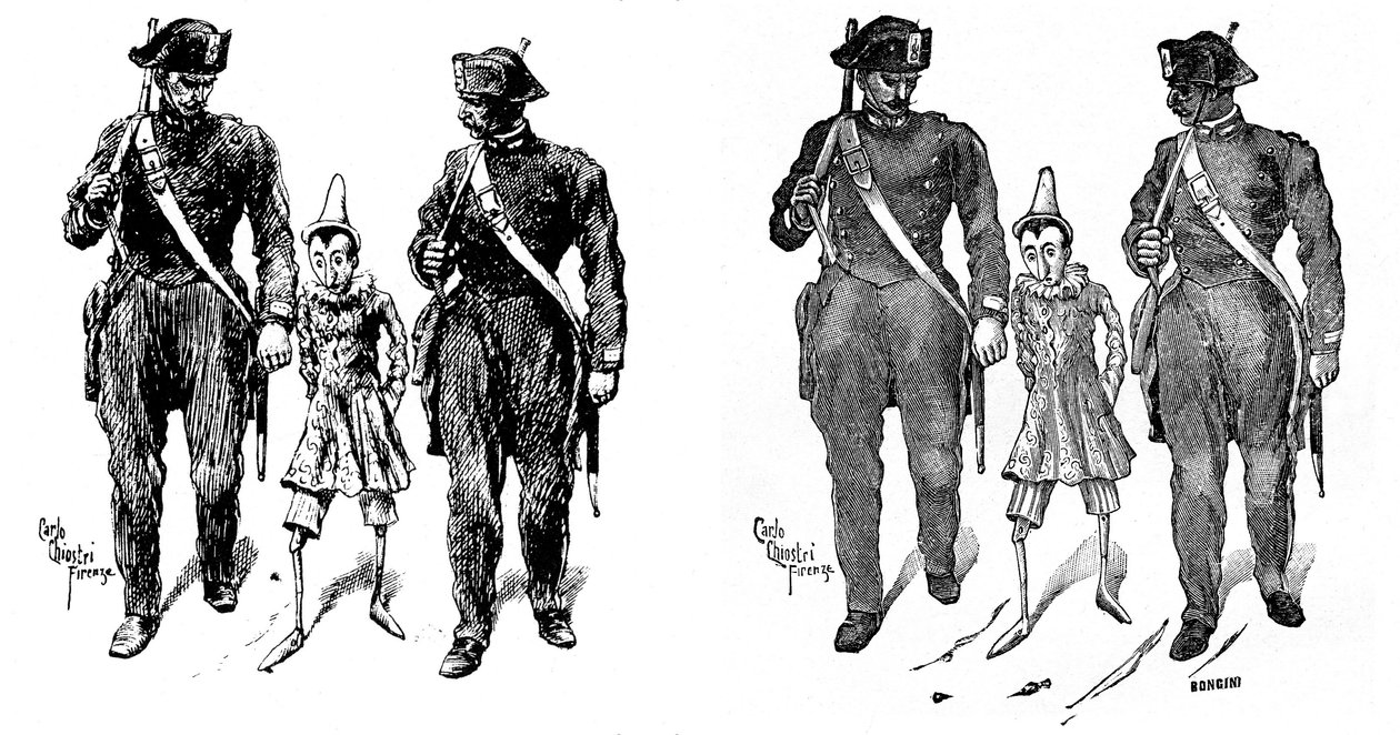 木偶奇遇记》由 Carlo Chiostri（1863-1939 年）创作，他是科洛迪（Carlo Lorenzini）作品的首批意大利插图画家之一。两名宪兵带走了木偶。左图为基奥斯特里的原画，右图为雕刻版画。 作者 卡罗·基奥斯特里