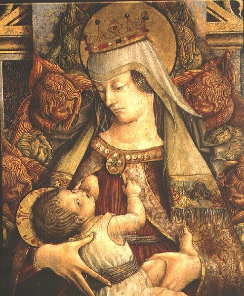 圣母吮吸着她的孩子，细节（蛋彩画板）。 作者 卡洛·克里维利（Carlo Crivelli）