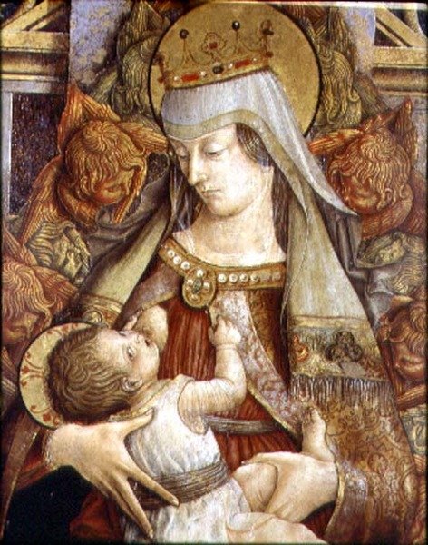 圣母吮吸着基督的孩子（油画板）。 作者 卡洛·克里维利（Carlo Crivelli）