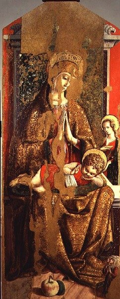 麦当娜和儿童，来自Valle Castellamo的第二个三联画的中央小组（面板上的蛋彩画） 作者 卡洛·克里维利（Carlo Crivelli）