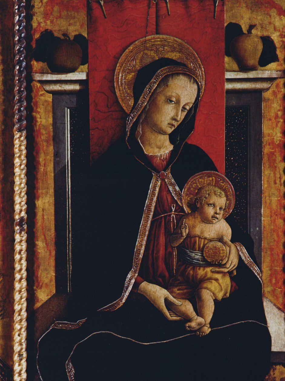 麦当娜和儿童，来自San Silvestro polyptych的细节，1468（面板上的蛋彩画）（见76657） 作者 卡洛·克里维利（Carlo Crivelli）