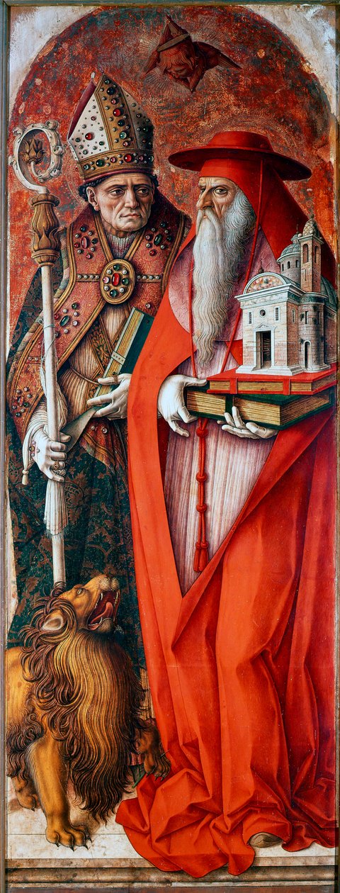 卡梅里诺大教堂(Duomo di Camerino)的多联画。圣杰罗姆和圣奥古斯丁。卡洛-克里韦利（1430/35-1494/1500）的绘画。木板上的油彩 作者 卡洛·克里维利（Carlo Crivelli）