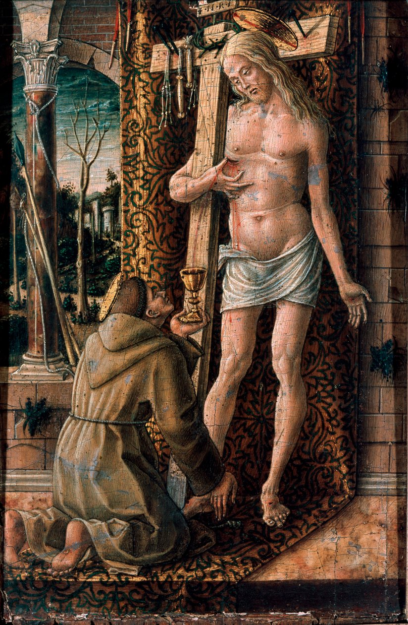 阿西西的圣弗朗索瓦在木头上收集了基督 Detrempe 的血液，Carlo Crivelli (1430/35-1494/1500) 1480-1486 Sun。 19x13 厘米米兰，波尔迪佩佐利博物馆 作者 卡洛·克里维利（Carlo Crivelli）