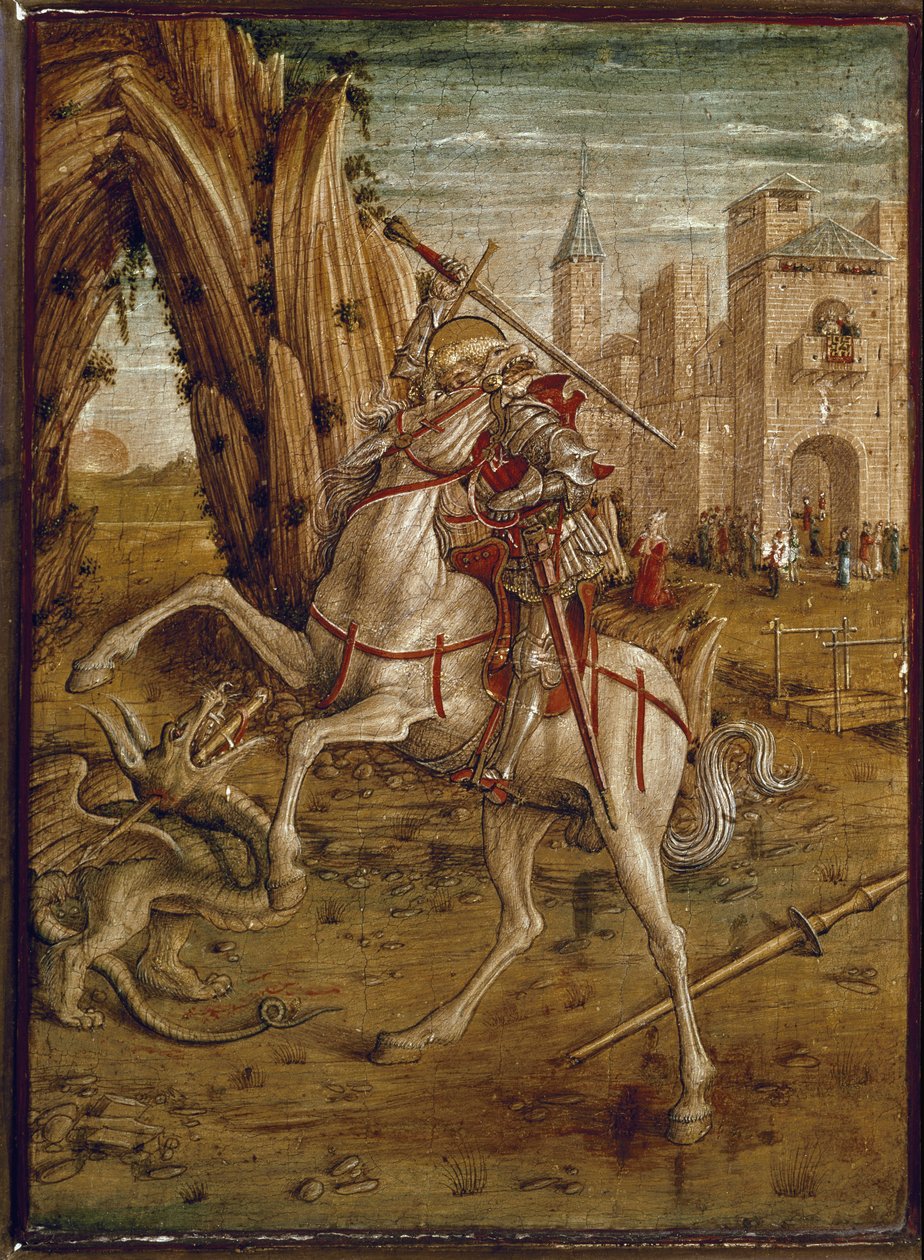 圣乔治杀龙（Pala Odoni 的 Predelle） - 木上的蛋彩画，1490 年后 作者 卡洛·克里维利（Carlo Crivelli）