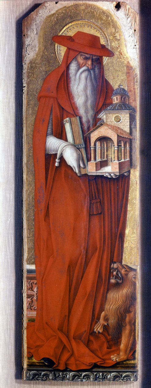 圣杰罗姆穿着主教（帽子）的服装。 Predelle Demidoff by Carlo Crivelli (1430/35 - 1494)。 1476. 作者 卡洛·克里维利（Carlo Crivelli）