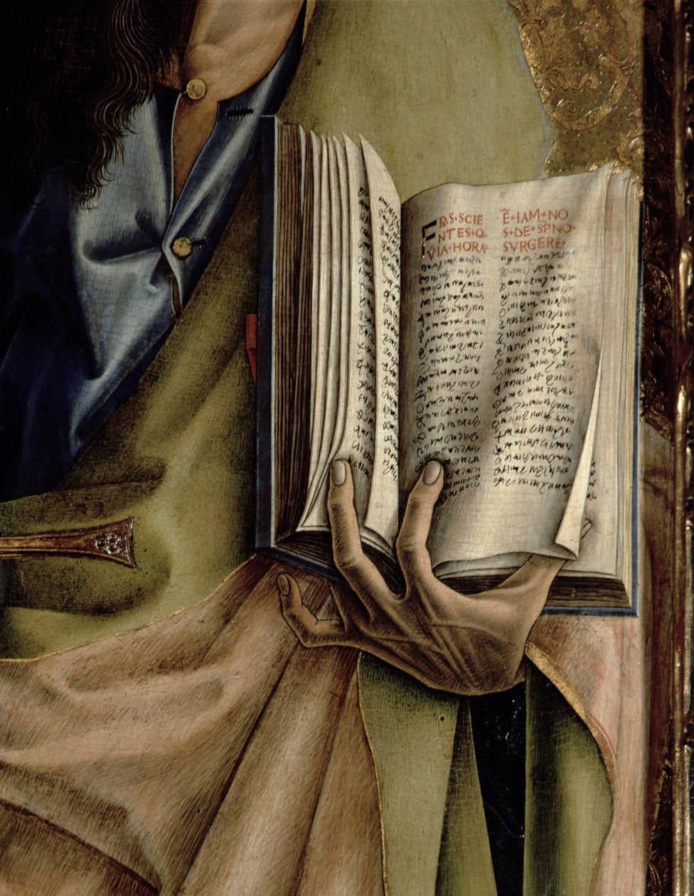 圣保罗，书信的详细信息，来自SantEmidio polyptych，1473 tempera，面板细节76647,76646和76636 作者 卡洛·克里维利（Carlo Crivelli）