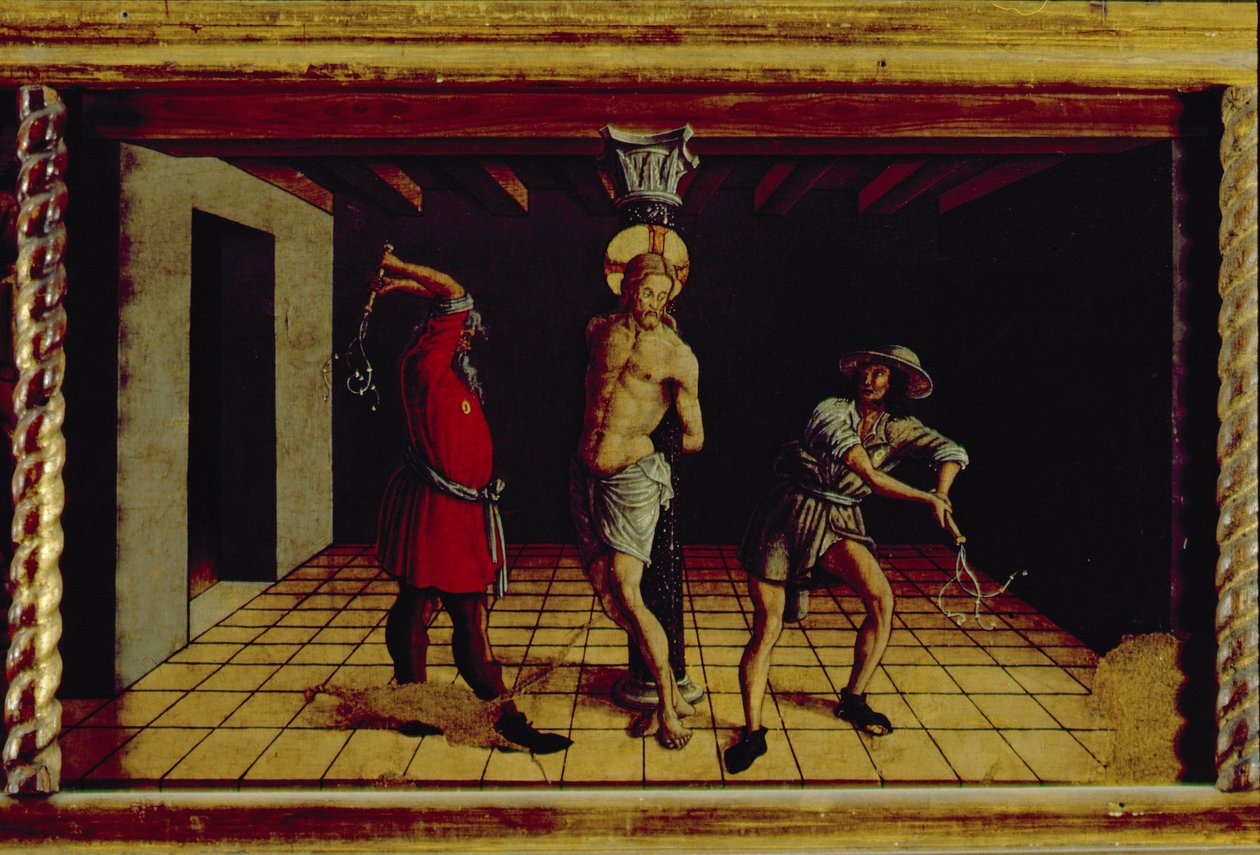 基督的鞭挞，来自San Silvestro polyptych的中央右手预定面板，1468（面板上的蛋彩画）（见76657） 作者 卡洛·克里维利（Carlo Crivelli）
