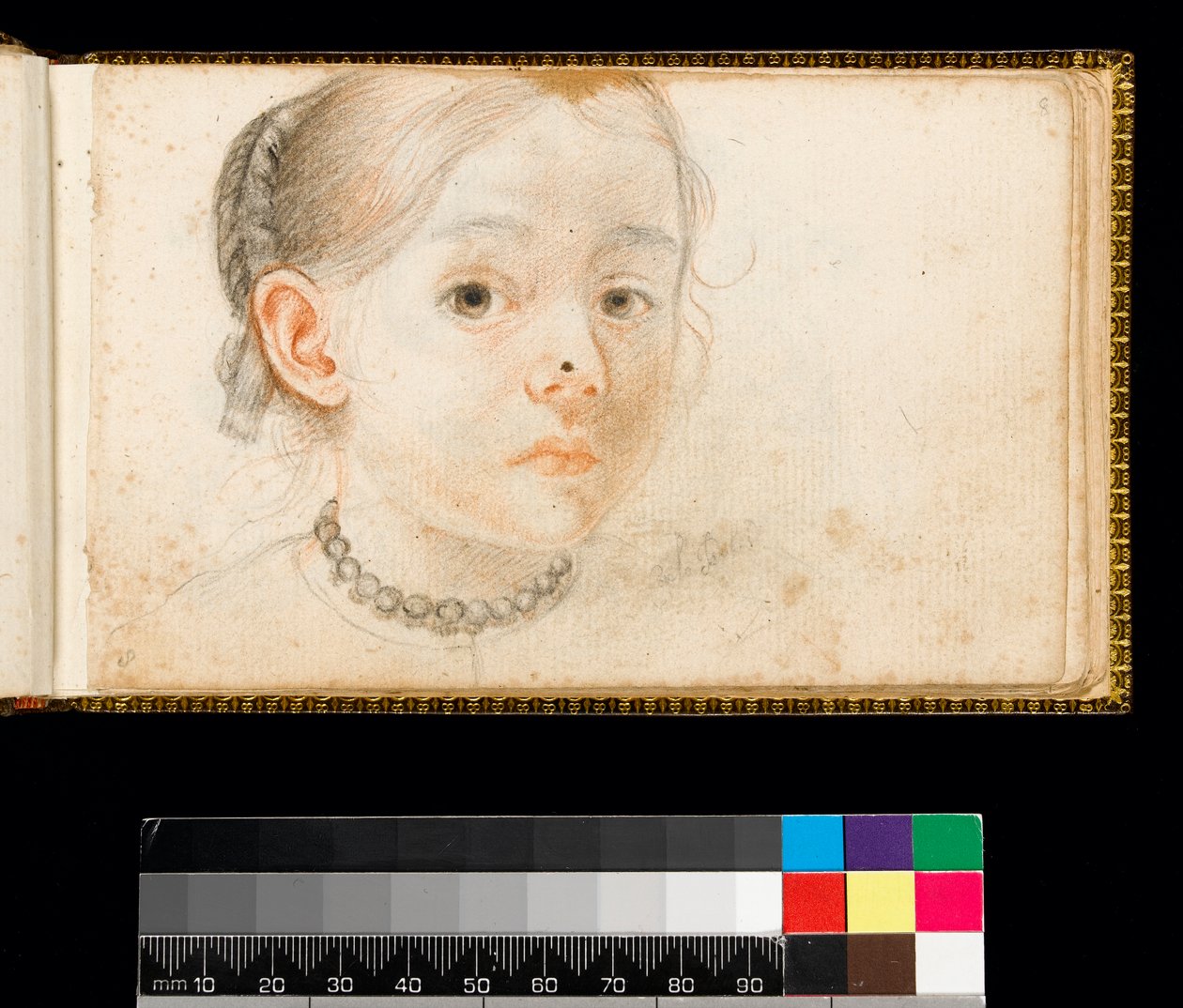 1667-1670年，一个年轻女孩的头和肩膀围着头后摆成辫子，头发编成辫子 作者 卡罗多尔奇