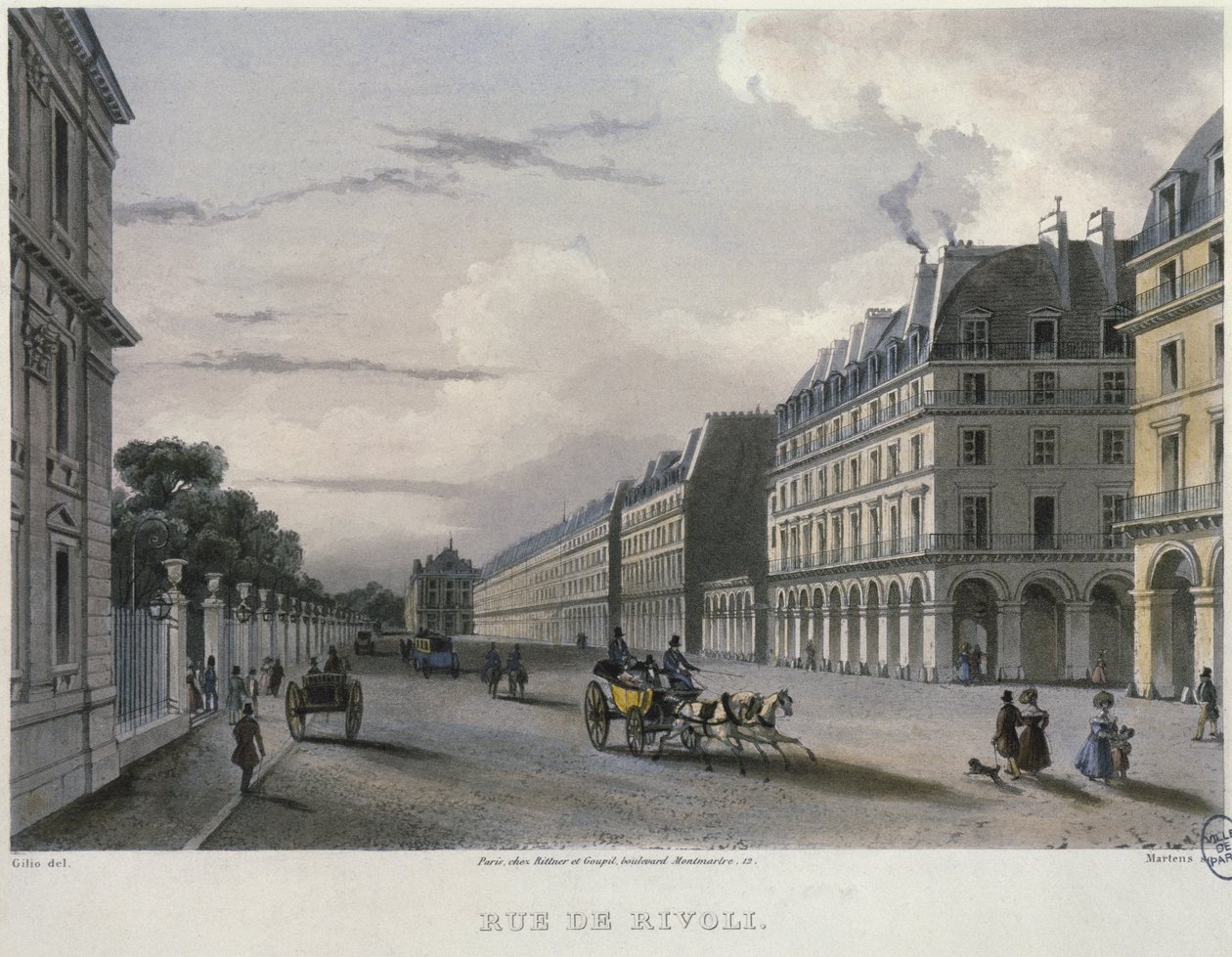 Rue de Rivol，由Frederic Martens（1809-75）1832年刻（彩色雕刻） 作者 卡洛·吉利奥
