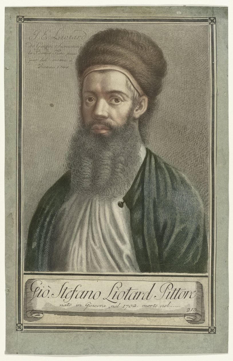 画家让-艾蒂安-利奥塔尔（Jean-Etienne Liotard）的土耳其服装肖像，留着络腮胡，戴着毛皮帽子
艺术家肖像（系列名称） 作者 卡洛·格雷戈里（可能）