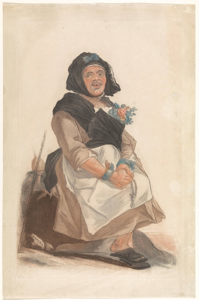 Als vrouw verkleed man met rozenkrans, zitten Besana（物体上的标题） 为佛罗伦萨公众提供娱乐的多面人物肖像（系列标题） 作者 卡洛·拉西尼奥（Carlo Lasinio）