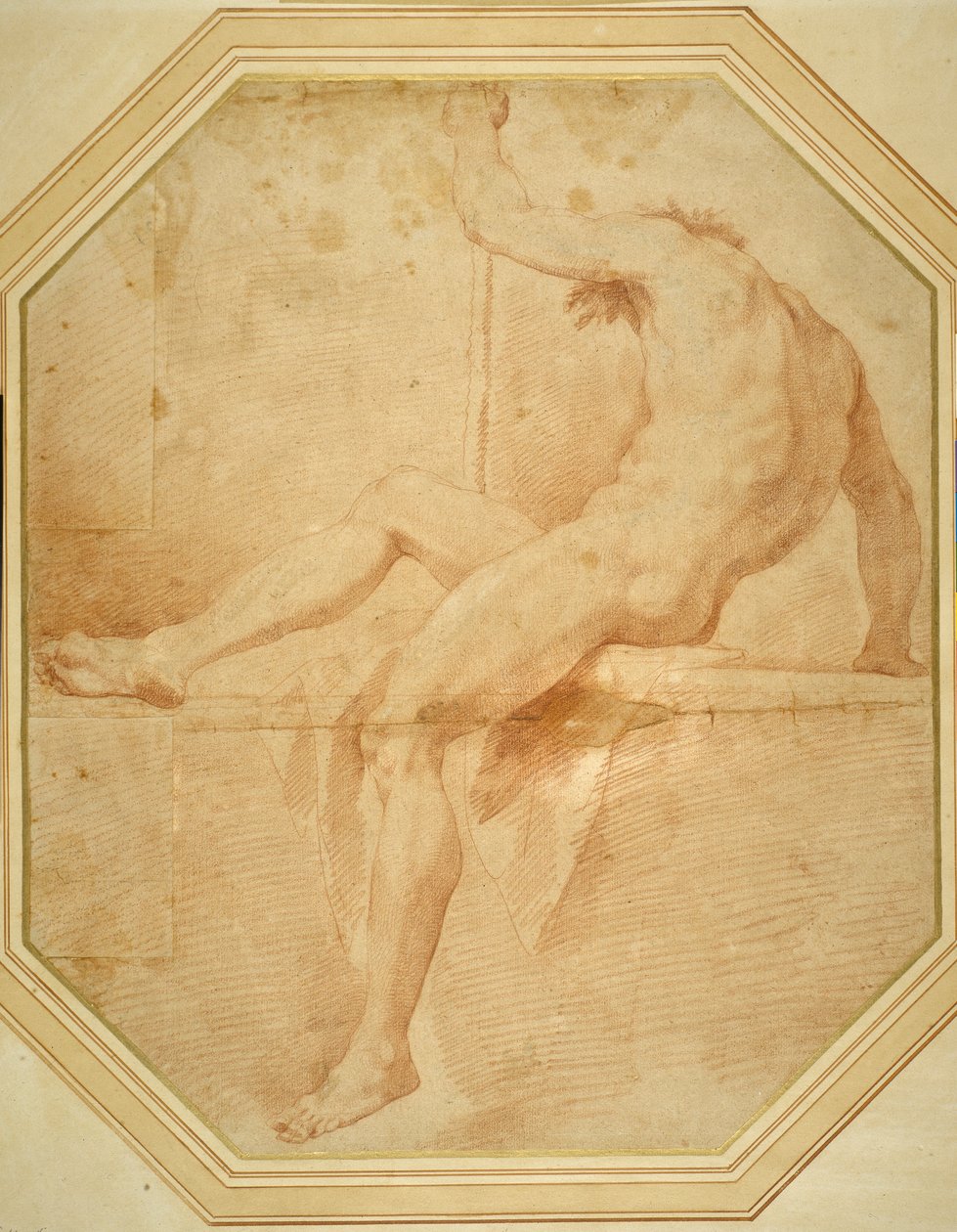 Nude seated and turning away, grasping a staff in his left hand (red chalk on white paper) 作者 卡洛·马拉蒂（Carlo Maratti）