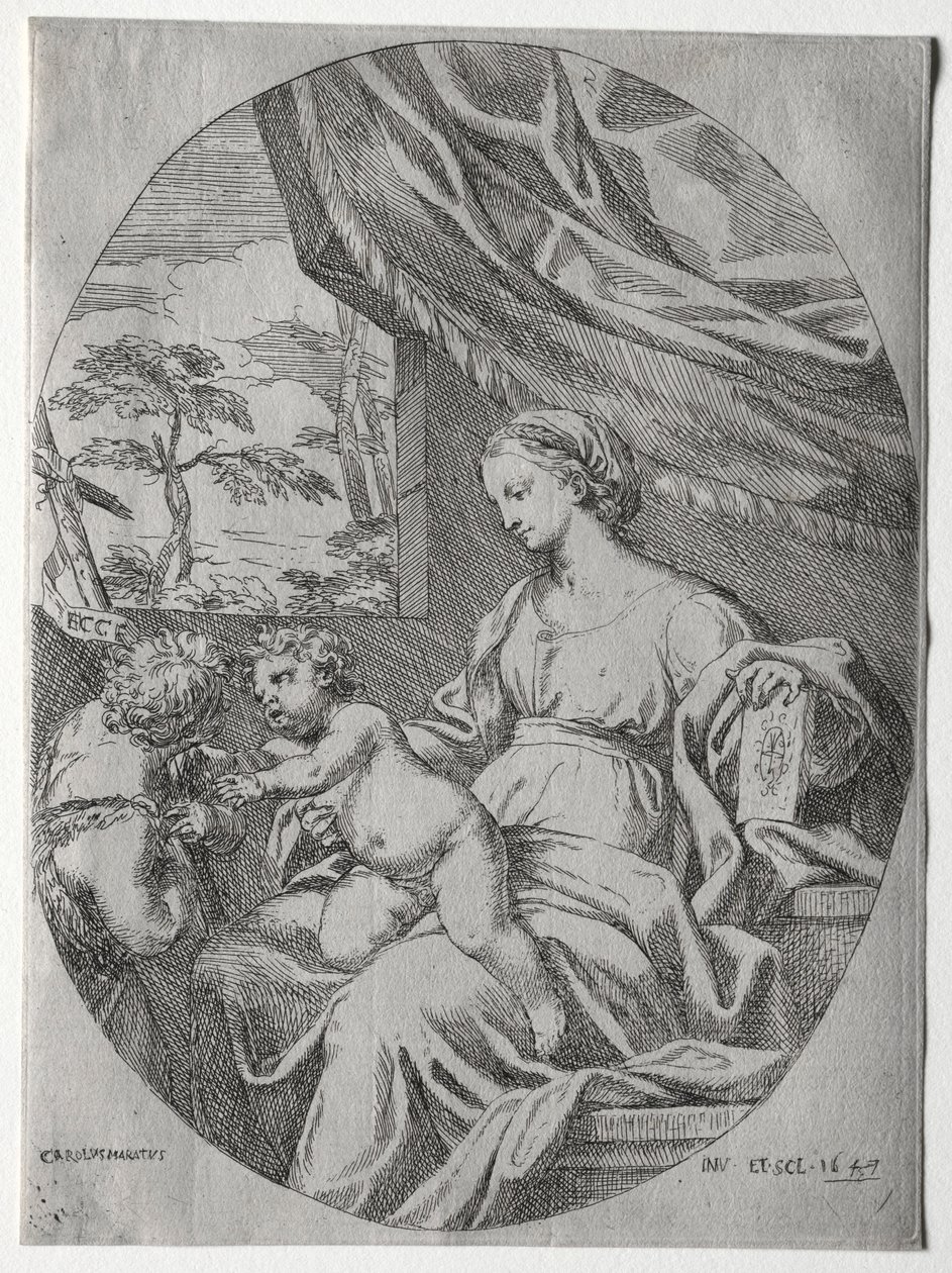 圣母子与婴儿圣约翰，1647年。 作者 卡罗·马拉塔或马拉蒂