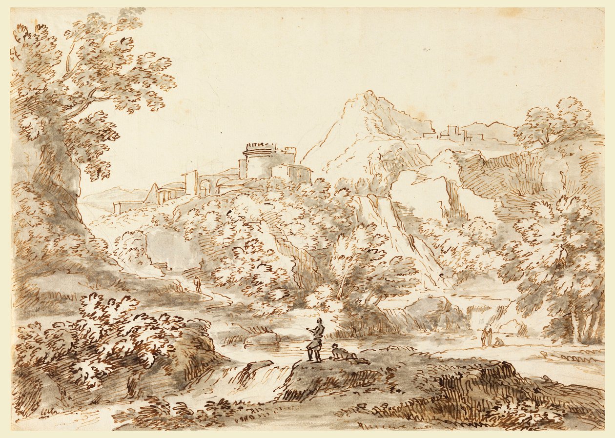素描，有城镇的风景，1750-1770 年 作者 卡洛·马尔基奥尼