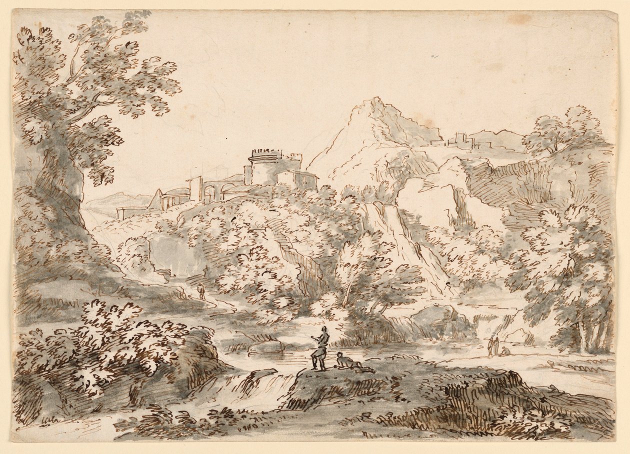 素描，有城镇的风景，1750-1770 年 作者 卡洛·马尔基奥尼