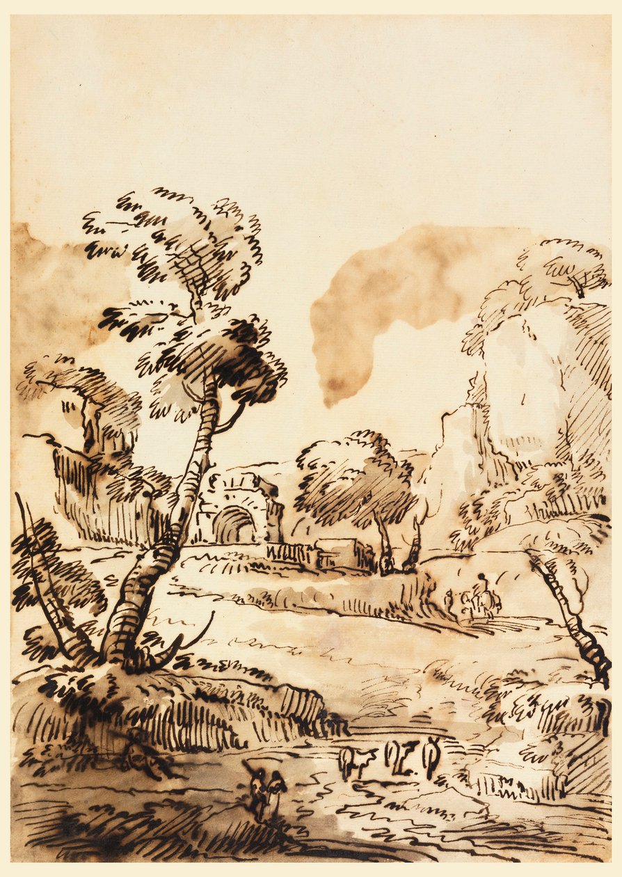 素描，田园风光，1760-1780 年 作者 卡洛·马尔基奥尼