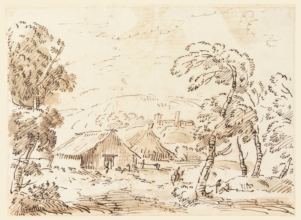 素描，山区农民的住宅和城堡，1762-1786 年 作者 卡洛·马尔基奥尼