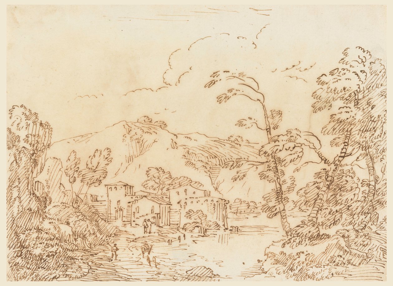 绘画，山区小溪旁的村庄，1770-1786 年 作者 卡洛·马尔基奥尼