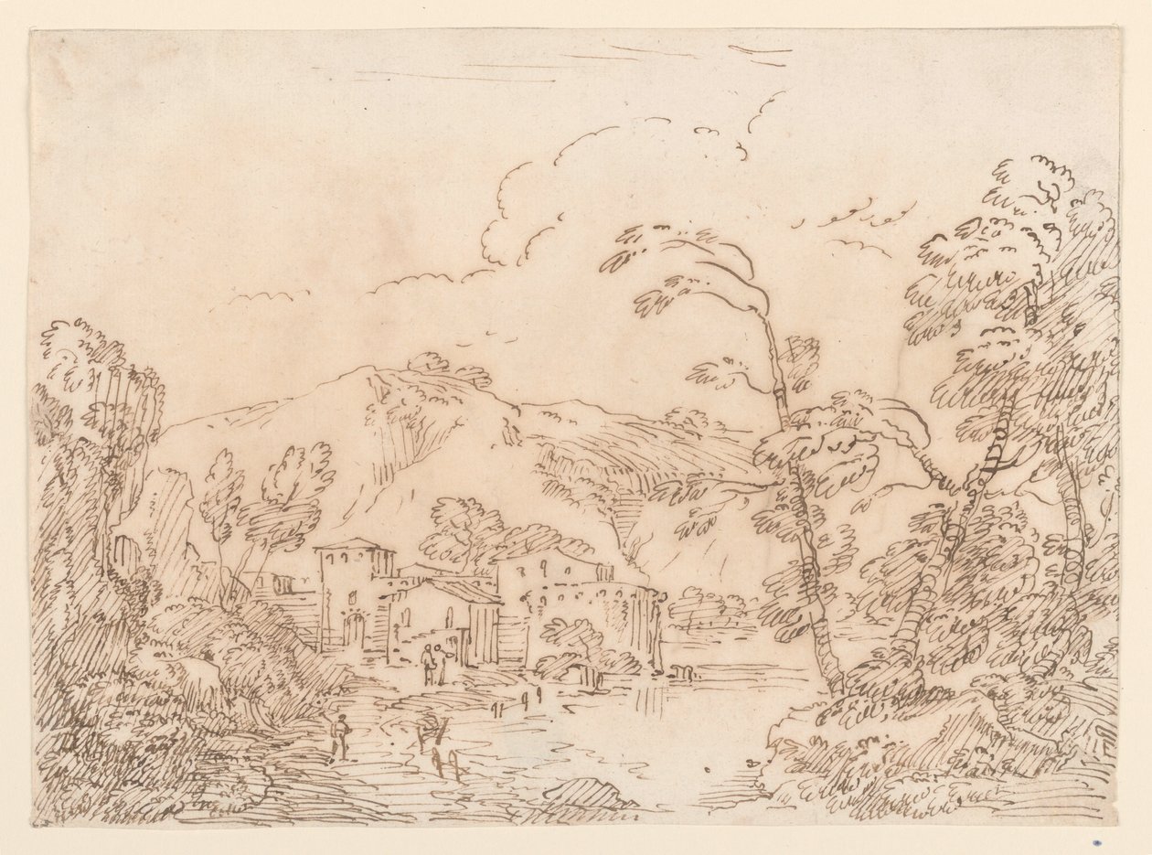 绘画，山区小溪旁的村庄，1770-1786 年 作者 卡洛·马尔基奥尼