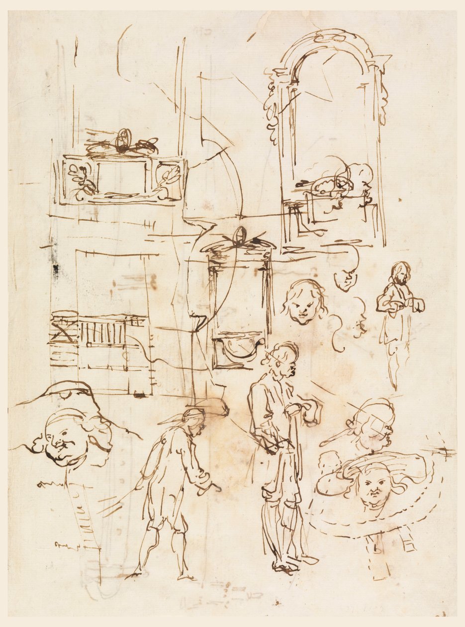 素描，建筑和人物素描，约 1760 年 作者 卡洛·马尔基奥尼