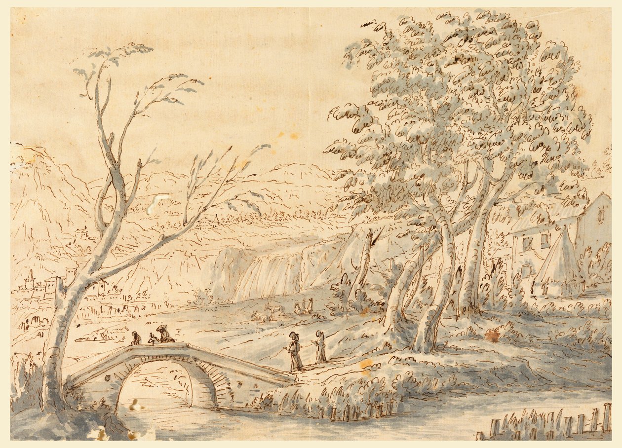 素描，有桥的风景，1770-1786 年 作者 卡洛·马尔基奥尼