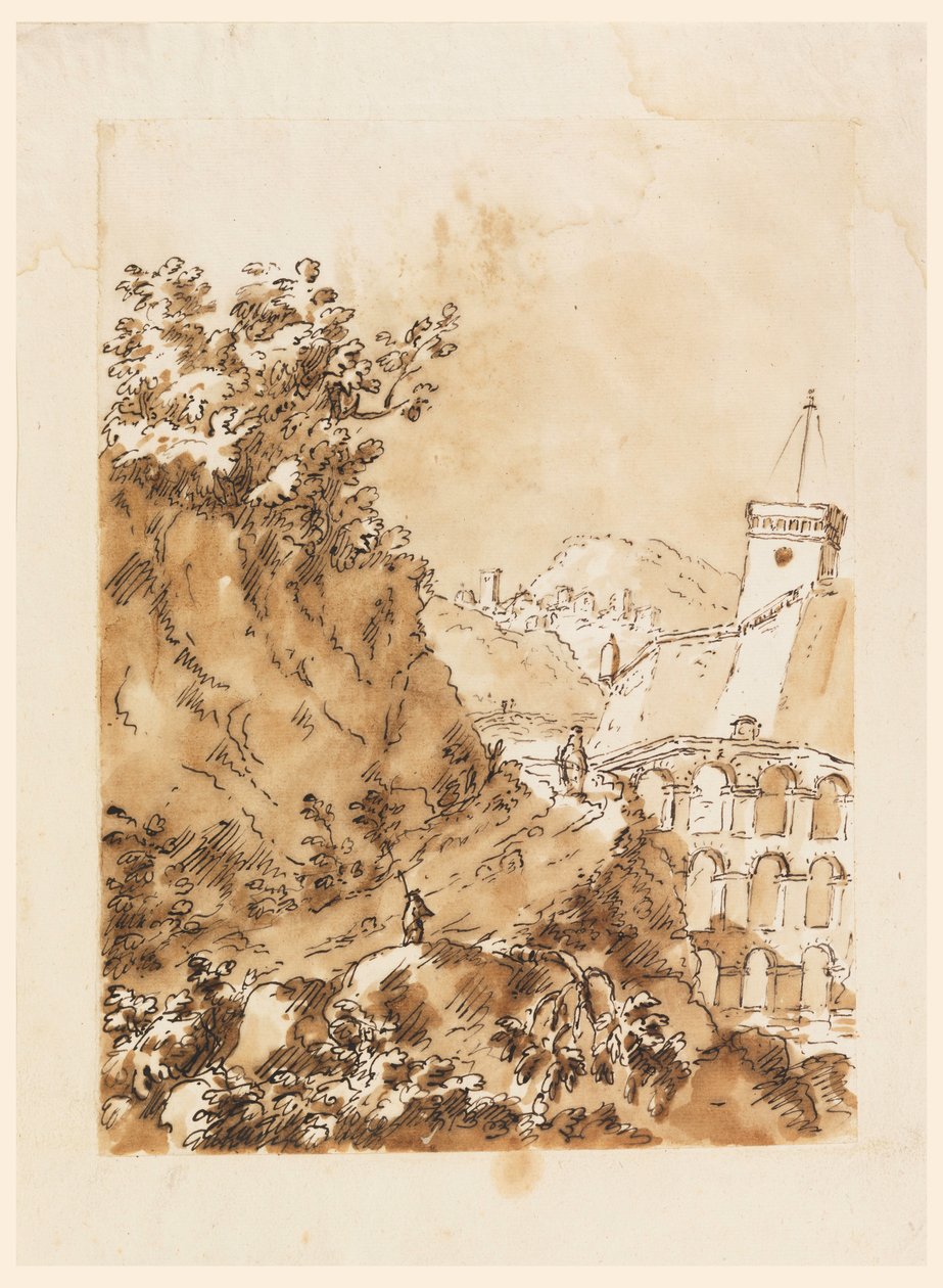 素描，带山城的风景，1760-80 年 作者 卡洛·马尔基奥尼