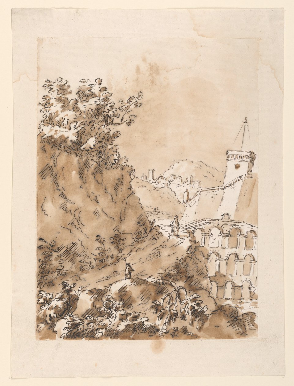 素描，带山城的风景，1760-80 年 作者 卡洛·马尔基奥尼