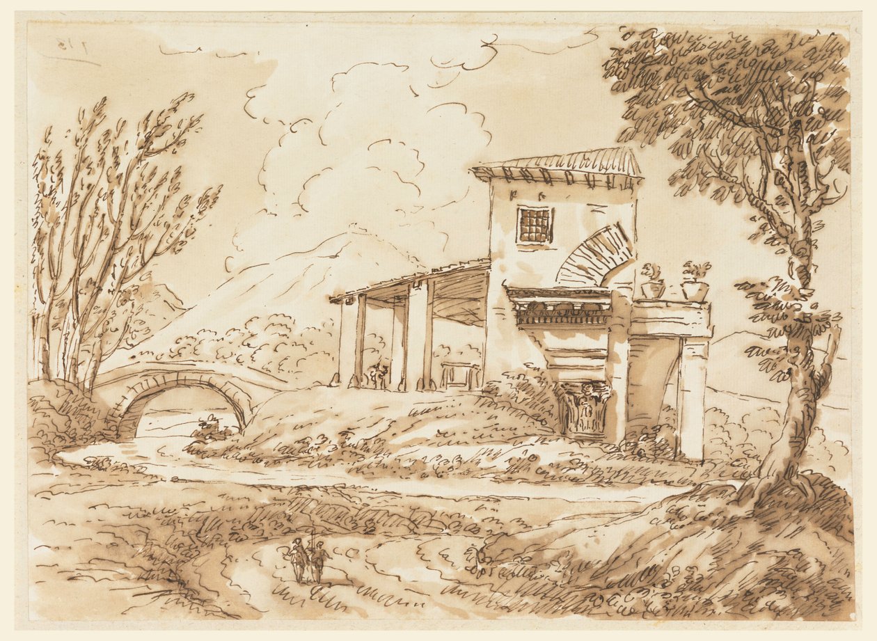 素描，带别墅的风景，1750-60 年 作者 卡洛·马尔基奥尼