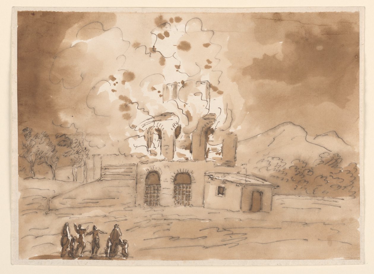 素描，带燃烧塔的风景，约 1780 年 作者 卡洛·马尔基奥尼