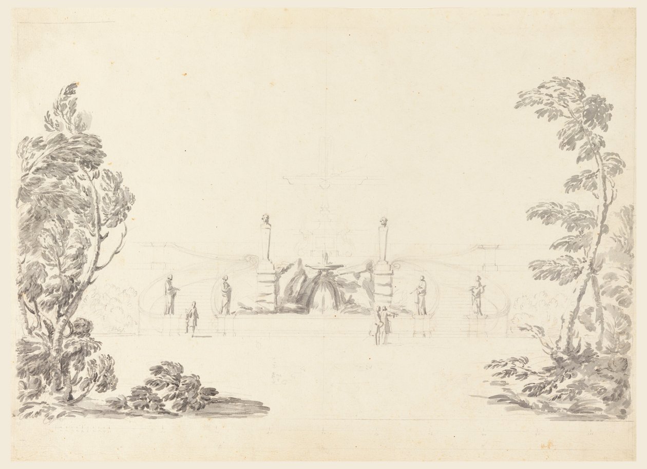 素描，公园喷泉草图，1740 年 作者 卡洛·马尔基奥尼