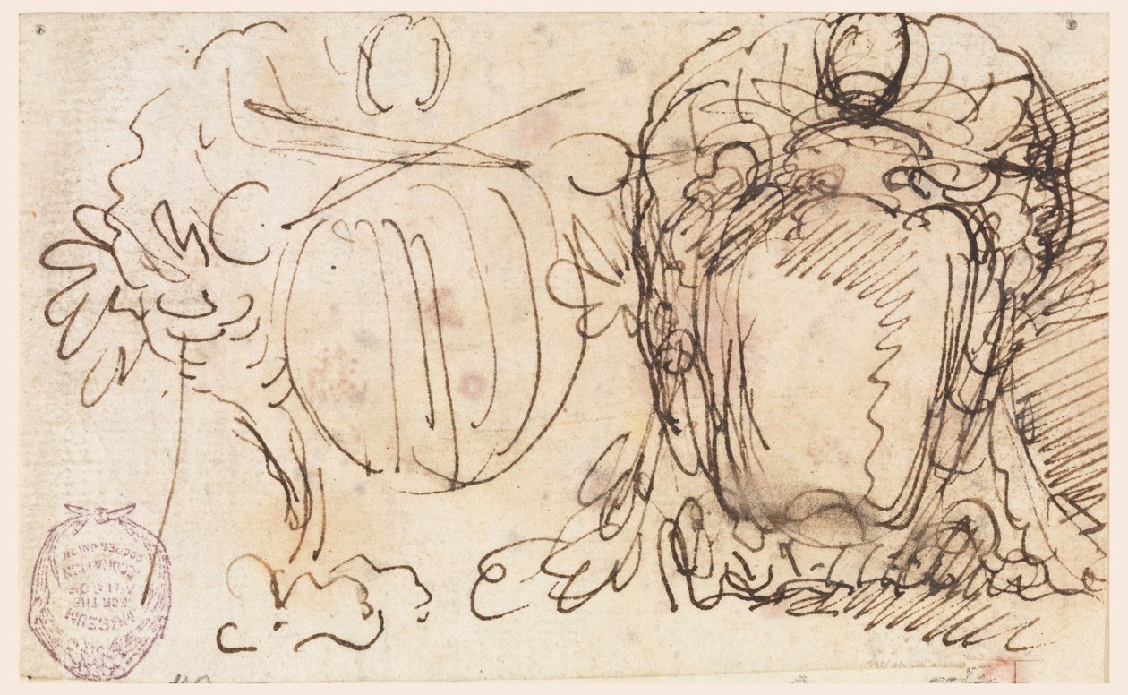素描，教皇本笃十四世纹章的两个徽章，1740-58 年 作者 卡洛·马尔基奥尼