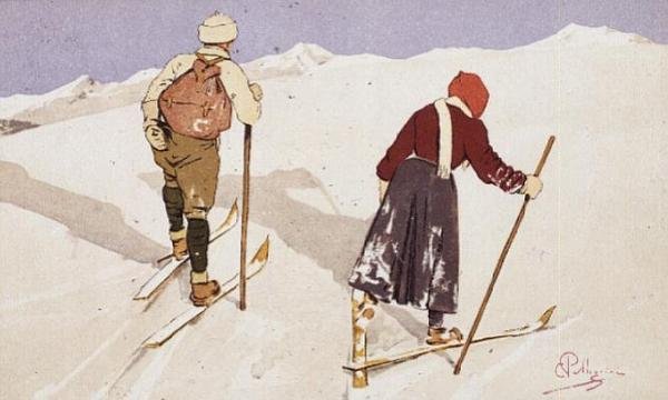 越野滑雪者（彩色印刷）。 作者 卡罗佩莱格里尼