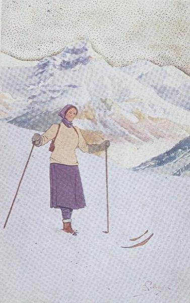 瑞士恩格尔贝格山坡上的滑雪者（彩色平版）。 作者 卡罗佩莱格里尼
