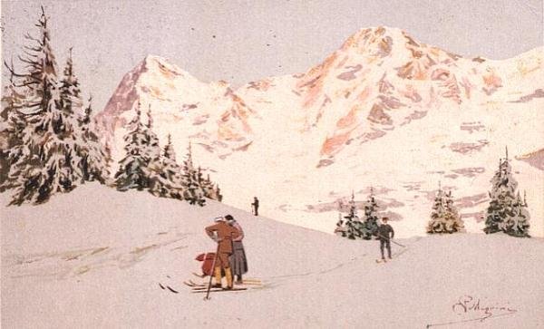 翁根的雪景（彩色平版印刷）。 作者 卡罗佩莱格里尼
