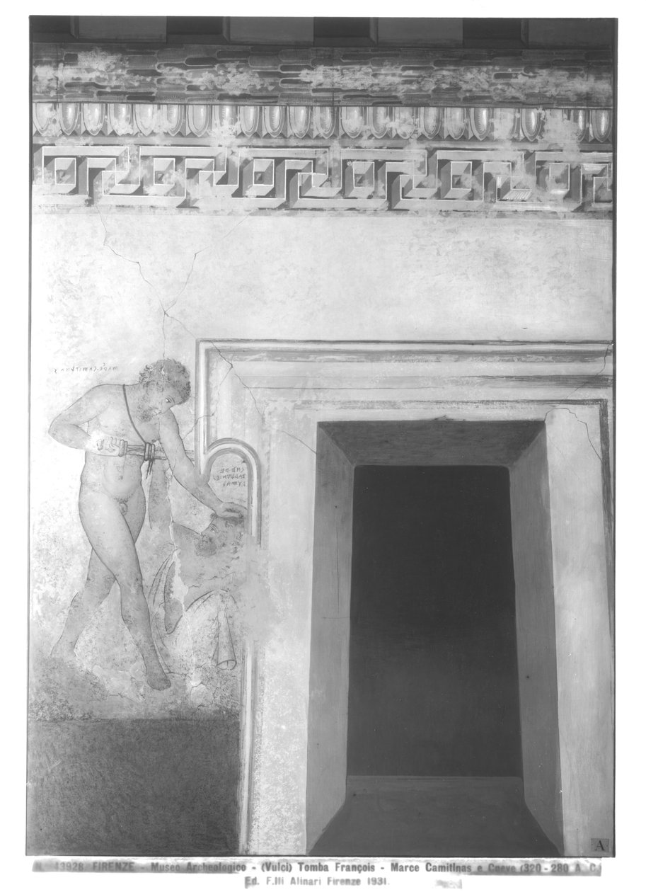 Eteocles和Polynices，在公元前320  -  280年的Vulci的弗朗索瓦墓中重建伊特鲁里亚壁画（壁画）（另见212367,214590,214591） 作者 卡洛·鲁斯皮