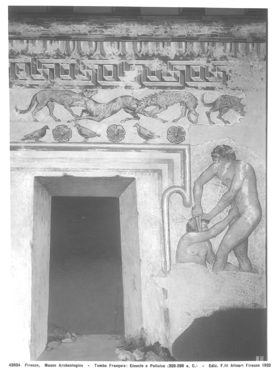 Marce Camitlnas和Cneve Tarchunies Rumach，在公元前320  -  280年的Vulci的弗朗索瓦墓中重建伊特鲁里亚壁画（壁画）（另见212368,214590,214591） 作者 卡洛·鲁斯皮