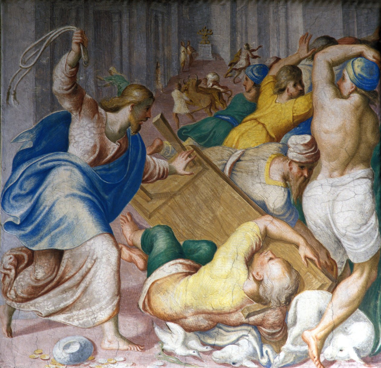 耶稣基督在圣殿门口赶走商人。卡洛-乌尔比诺的壁画。米兰，S. Maria della Passione。 作者 卡罗·乌尔比诺