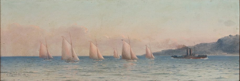 与帆船比赛和TowboatnPortugues的海景：海军与帆船和拖船 作者 卡洛斯·巴利斯特