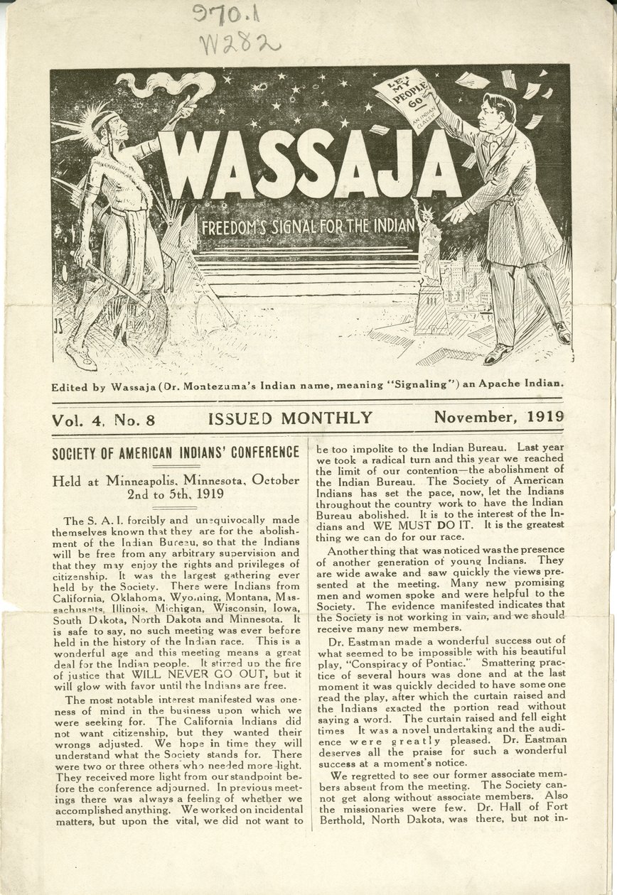 发行Wassaja，Vol。 1919年11月4日第8号 作者 卡洛斯·蒙特祖玛（Carlos Montezuma）