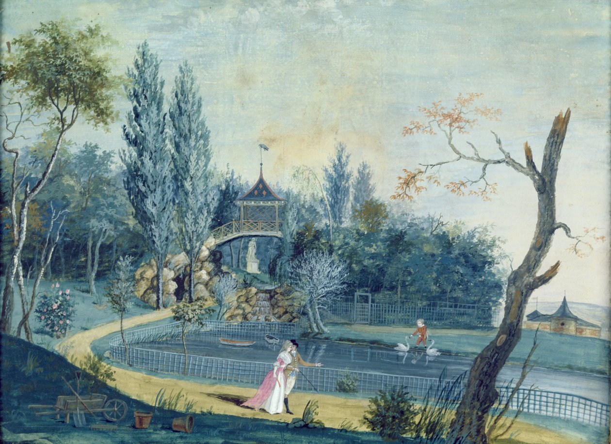 Le Raincy公园的湖泊和中国馆，c.1754-93 作者 路易斯·卡罗吉斯·迪·卡蒙泰勒