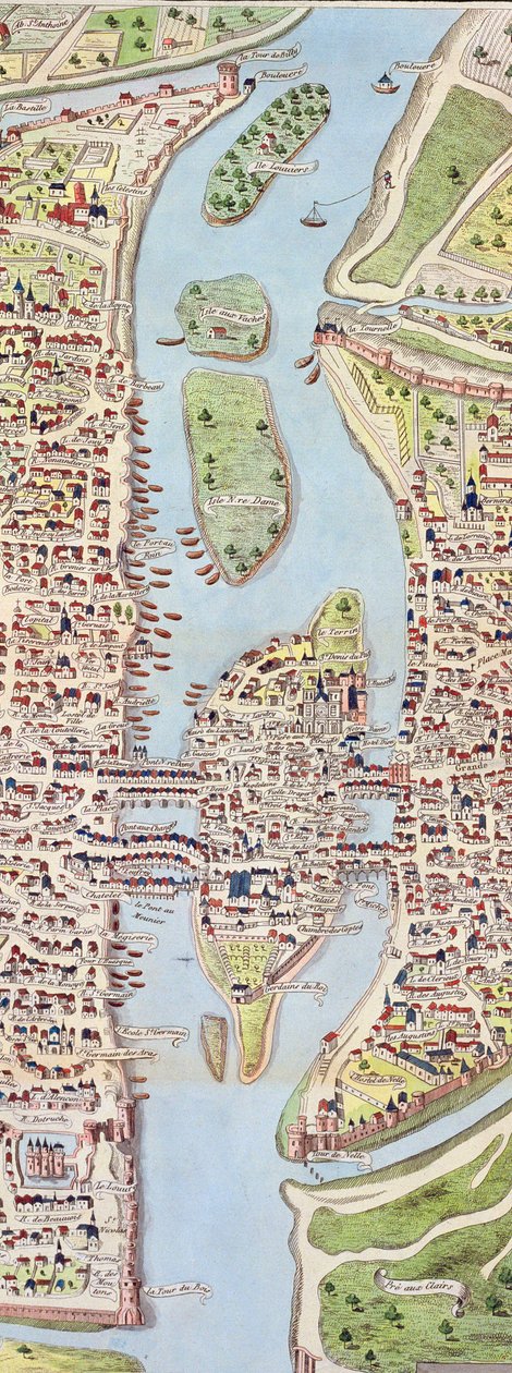 Ile delaCité的详细信息，来自巴黎地图c。 1540年，被称为Plan de la Tapisserie，制作挂毯c.1570,1818彩色雕刻 作者 卡罗琳·诺德（Caroline Naudet）