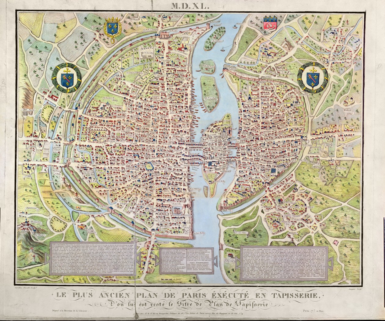 巴黎地图c.1540，被称为Plan de la Tapisserie，制作挂毯c.1571,1818（彩色雕刻） 作者 卡罗琳·诺德（Caroline Naudet）
