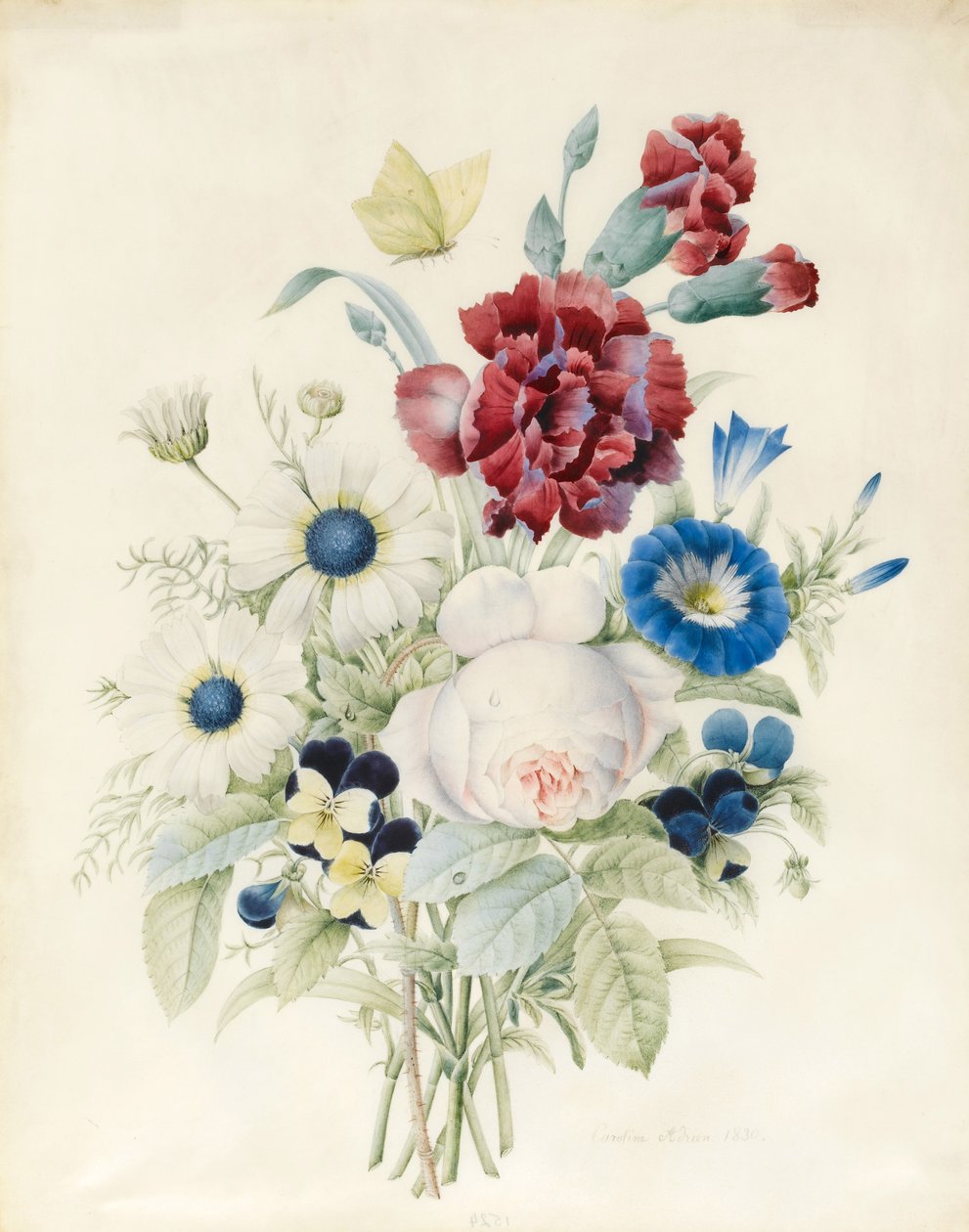 一种花的喷雾，包括玫瑰，蓝色旋花和三色紫罗兰，1830年（纸上的身体色彩） 作者 卡罗琳·阿德里安（Caroline Adrien）