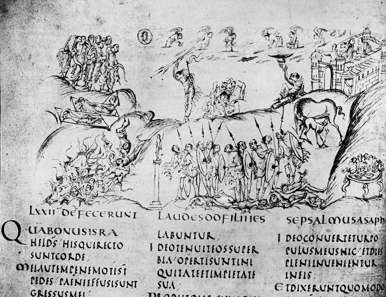 来自乌得勒支Psalter的诗篇之一的各种场景的插图，现在在乌得勒支大学图书馆（钢笔和墨水）的兰斯原版的复制品 作者 加洛林学校